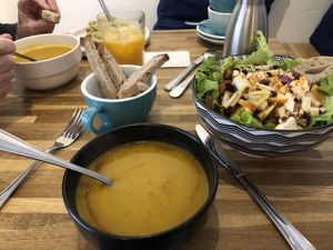 Pumpkin and carrot soup with avocado toast and mixed salad  at Virgule in Toulouse