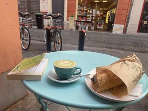 Matcha latte and smoked tofu, avocado, cashew nuts cheese sandwich  at Virgule in Toulouse