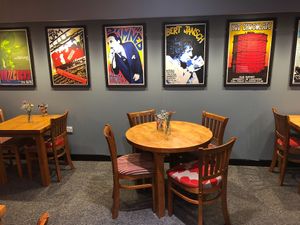 Posters designed by John Angus for concerts at Lancaster University in the 1970s exhibited at Sage Cafe at Sage Cafe in Lancaster