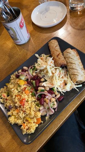 vegan sausage rolls with vegan salads at Sage Cafe in Lancaster
