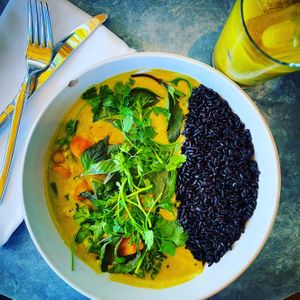 Spicy Yellow Curry with Turmeric Latte 💛 at Wildseed in San Francisco