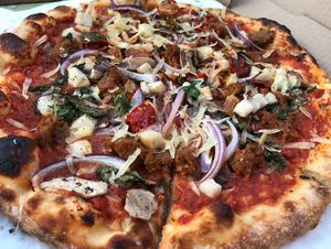 Spicy Sausage Pizza (excellent, but I would ask for it without the hot peppers for a less overwhelming kick!)  at Wildseed in San Francisco