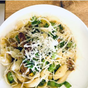 Orecchiette Alla Pugliese with broccolini, beyond sausage, garlic, chili flake, and parmesan  at Wildseed in San Francisco