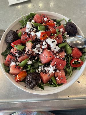 Watermelon salad with Vegas feta and falafel   at Wildseed in San Francisco