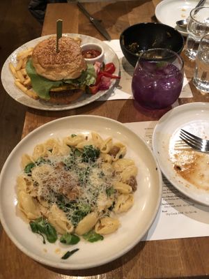 Impossible Burger, Orecchiette Pugliese, and Wildseed G&T cocktail  at Wildseed in San Francisco