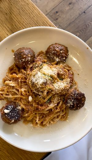 Spaghetti and Meatballs. Vegan meatballs, pomodoro sauce, garlic, basil, vegan parmesan, chili flakes  at Wildseed in San Francisco