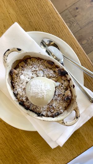Apple Crumble. Honeycrisp apples, warming spices, almond streusel, oat milk, vanilla ice cream  at Wildseed in San Francisco