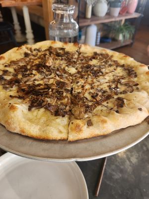 Mushroom pizza with bechanel sauce (no tomato sauce....excellent)!! at Wildseed in San Francisco