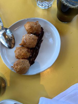 “Banana Fritter” as savory as a sweet dish gets. Subtle banana flavor, great texture, not overly sweet. Chocolate tahini sauce was excellent for dipping.  at Wildseed in San Francisco