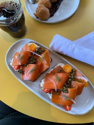 Delicious Carrot Lox toast w/ vegan cream cheese, capers, and dill on perfectly toasted whole wheat bread.  at Wildseed in San Francisco