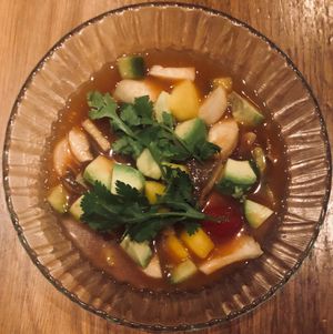 Ceviche of king trumpet mushrooms: leche de tigre, avocado, mango and seeded chips at Wildseed in San Francisco
