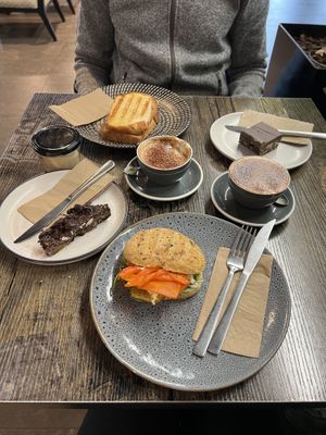 vegan sandwich, vegan slice and cappucino with oat milk (in the front)😄 at Native Cafe in Christchurch