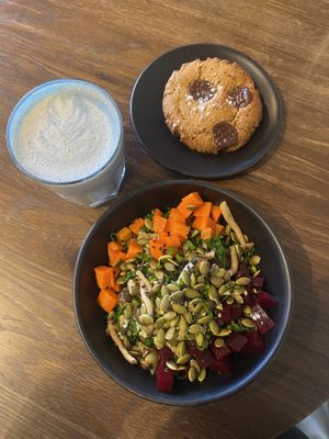 lavender oat latte, mushroom bowl & salted choc chip cookie  at The Garden in Vancouver