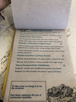 Menu - main dishes  at Llama Cafe in Uyuni