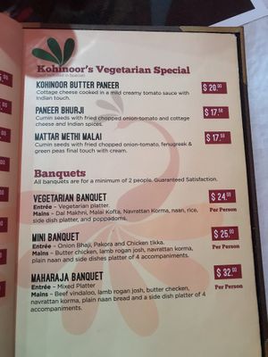 Menu at Kohinoor Indian Cuisine in Auckland