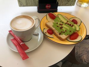 Oat milk cappuccino and avocado toast  at Deboto in Trogir