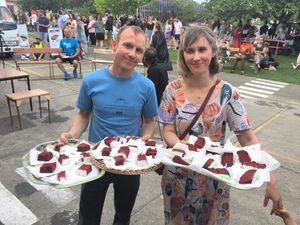 Cake for the mākete’s first birthday October 2020 at Vegan Night Market in Christchurch