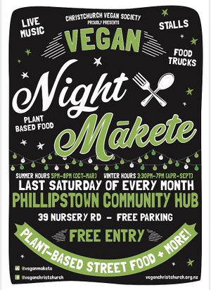 Promotional poster at Vegan Night Market in Christchurch