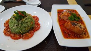 Fried rice with green pearls or something, and tofu stuffed with tomato. at Phuc Tam Chay - Tan Vinh in Ho Chi Minh City