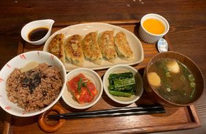 Gyoza set for dinner with miso soup, brown rice, dessert, and two side dishes - 1800 yen  at Hitokokyu in Tokyo