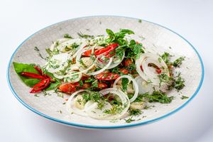 Achik chuchuk salad - tomatoes, cucumbers, onion, dill, basil, koreandr, chili peper at Chaykhana Samarkand - Чайхана Самарканд in Lviv