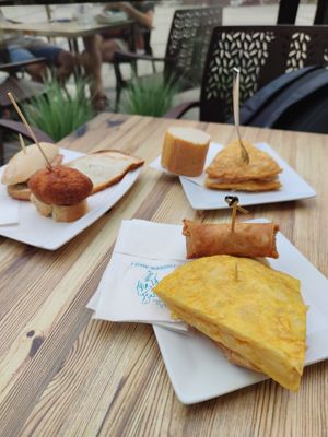 Tortilla de patatas y crepe de hongos at Labarra Taberna in Zumaia