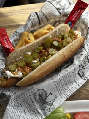 Vegan hot dog with fries  at Labarra Taberna in Zumaia