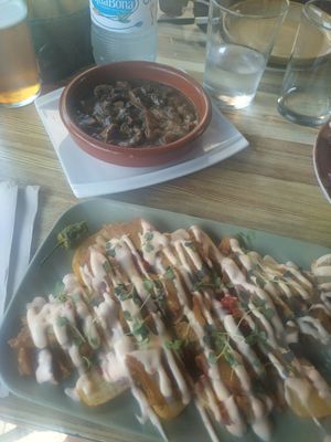 Mushroom & heura with potatoes, red pepper and vegan Thai mayonnaise at Labarra Taberna in Zumaia