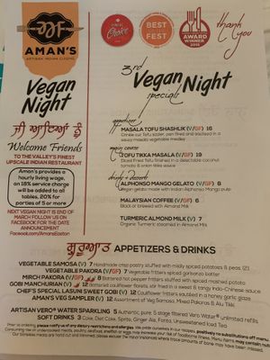 Special vegan menu!! at Aman's Artisan Indian Cuisine in Easton