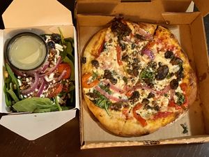 1/2 very berry salad & regular Mia veggie pizza  at SPIN Pizza in Topeka