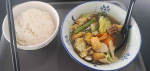 Herbal soup with rice at 729 Vegan in North Singapore