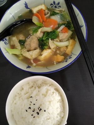 Herbal soup with rice at 729 Vegan in North Singapore