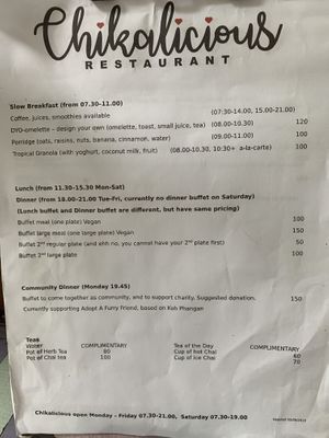 Menu at Chikalicious in Koh Phangan