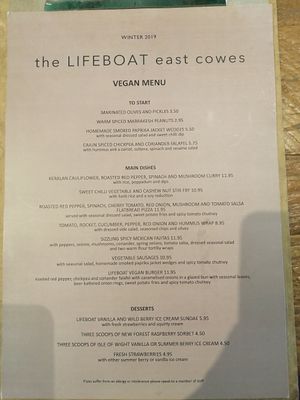 Menu at Lifeboat in Cowes