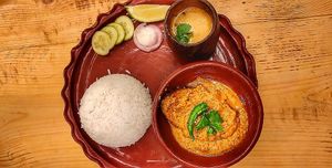 Vegan fish, rice and pulses with salad done intypical Bengali style at Ubuntu Eat in Kolkata