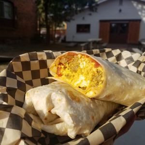 Breakfast Scramble Burrito, available all day! at Lively Up Yourself - Food Truck in Bend