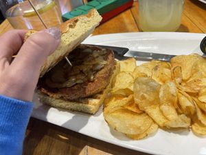 Beet burger either carmelized onions on gf bread and fries   at Simple Eatery & Spoon It Up in Buena Vista
