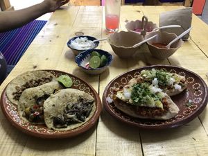 Molletes y tacos at Mexico Veggie in San Luis Potosi