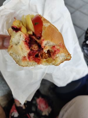 Hot dog with thin chilli and onion sausages, beetroot chutney and mango mayo, chips and tomato (ate too quickly to get a better picture!) at OMG in SKG in Thessaloniki