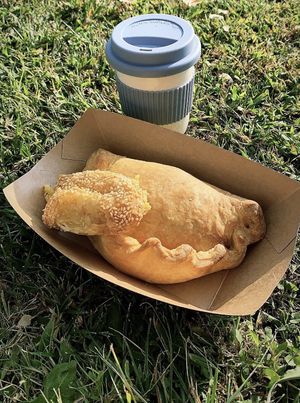 Calzone, small cheese pie and hot cappuccino! at OMG in SKG in Thessaloniki