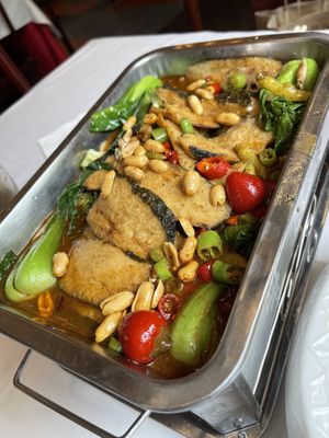 Grilled mock fish with vegetables   at Gongdelin Vegetarian Restaurant in Beijing
