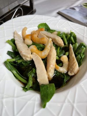 Mock shrimp with green veggies   at Gongdelin Vegetarian Restaurant in Beijing