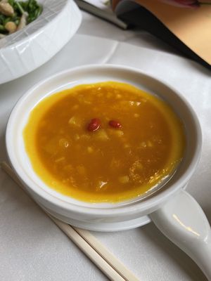 Pumpkin soup with bamboo roots   at Gongdelin Vegetarian Restaurant in Beijing