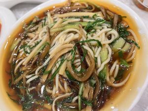 Goopy mushroom noodles   at Gongdelin Vegetarian Restaurant in Beijing