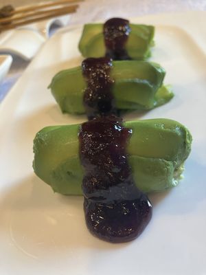 Delicious fresh avocado with jam   at Gongdelin Vegetarian Restaurant in Beijing