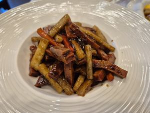 'Beef' and yam at Gongdelin Vegetarian Restaurant in Beijing