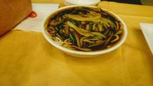 Noodles. The picture on the menu presented just dry noodles which was what we wanted but they came like this - still tasty though at Gongdelin Vegetarian Restaurant in Beijing