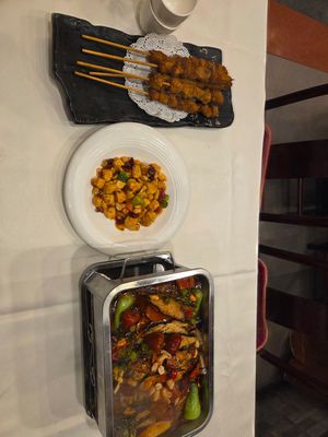 "Lamb" sticks, Kung Pao Tofu & "Fish" plate at Gongdelin Vegetarian Restaurant in Beijing