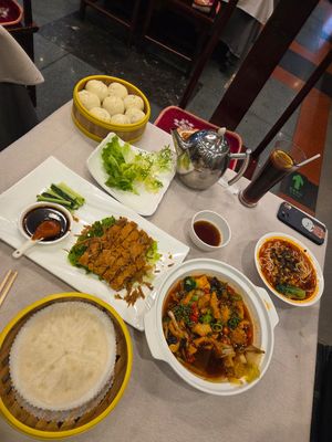 Dumplings, mock duck, Ma La Pot & soup at Gongdelin Vegetarian Restaurant in Beijing