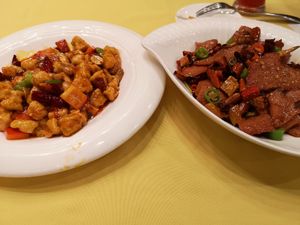 Kung po fake chicken and spicy fake meat at Gongdelin Vegetarian Restaurant in Beijing